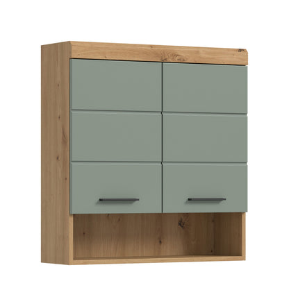 Badezimmerschrank mit offenen Fächern, Artisan-Eiche und salbeigrünen Fronten mit Griffen