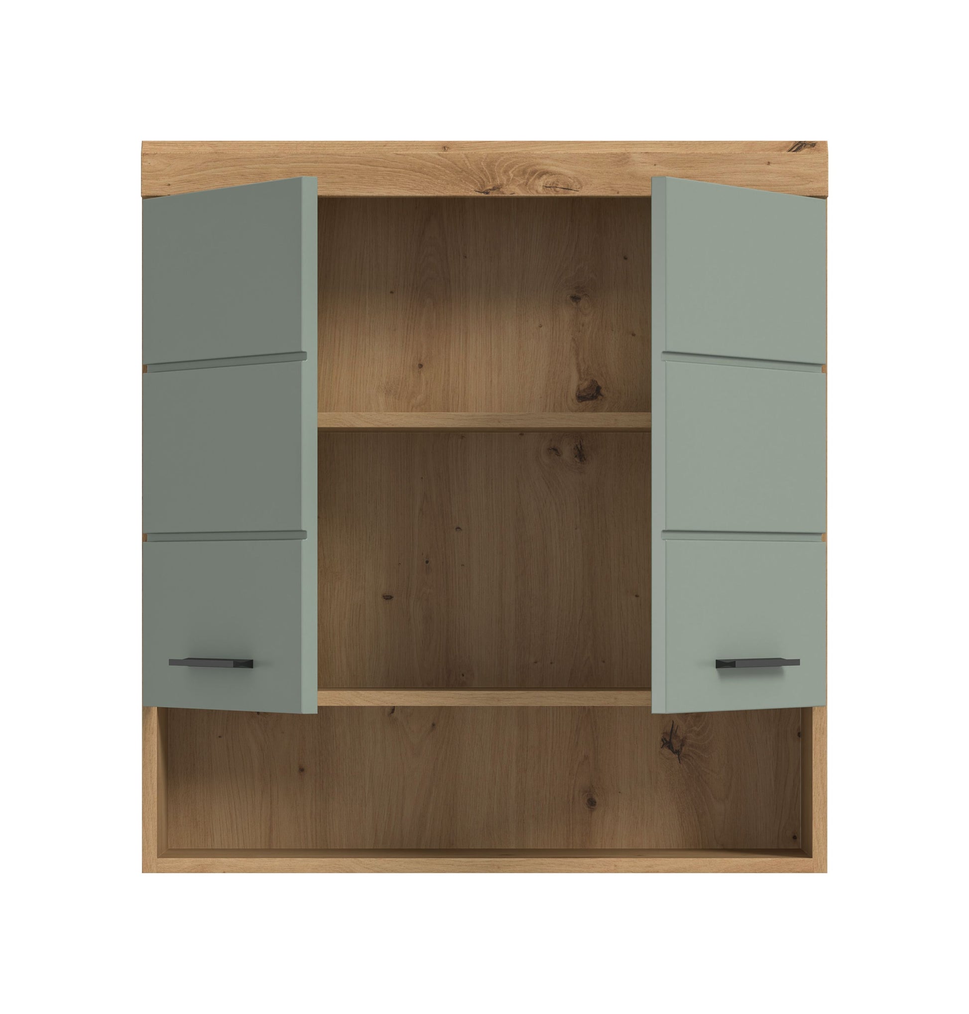 Badezimmerschrank mit offenen Fächern, Artisan-Eiche, seitliche Schubladen in Salbei