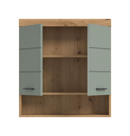 Badezimmerschrank mit offenen Fächern, Artisan-Eiche, seitliche Schubladen in Salbei