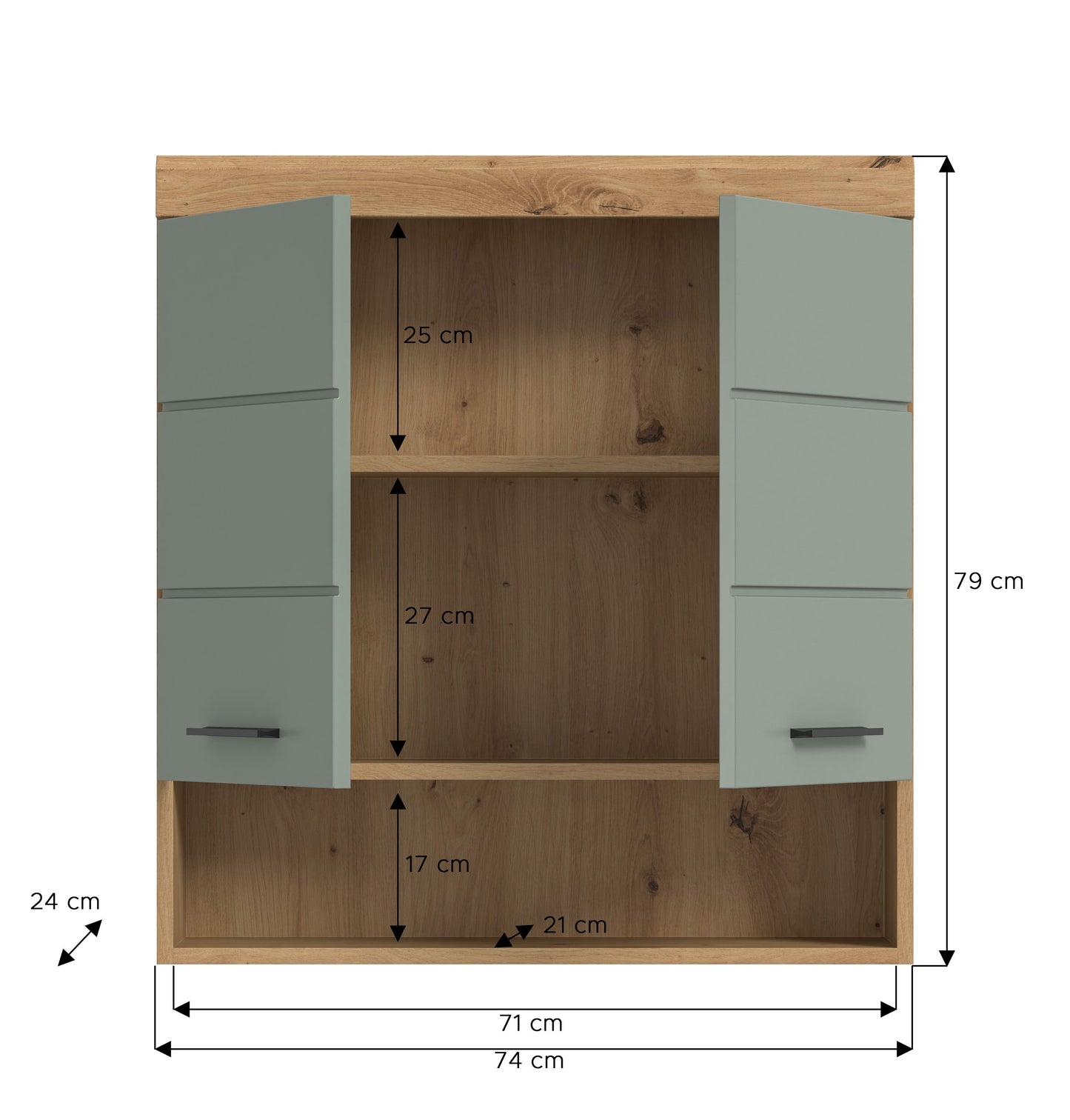 Badezimmerschrank mit offenen Fächern, Artisan-Eiche-Rahmen und salbeigrüne Fronten