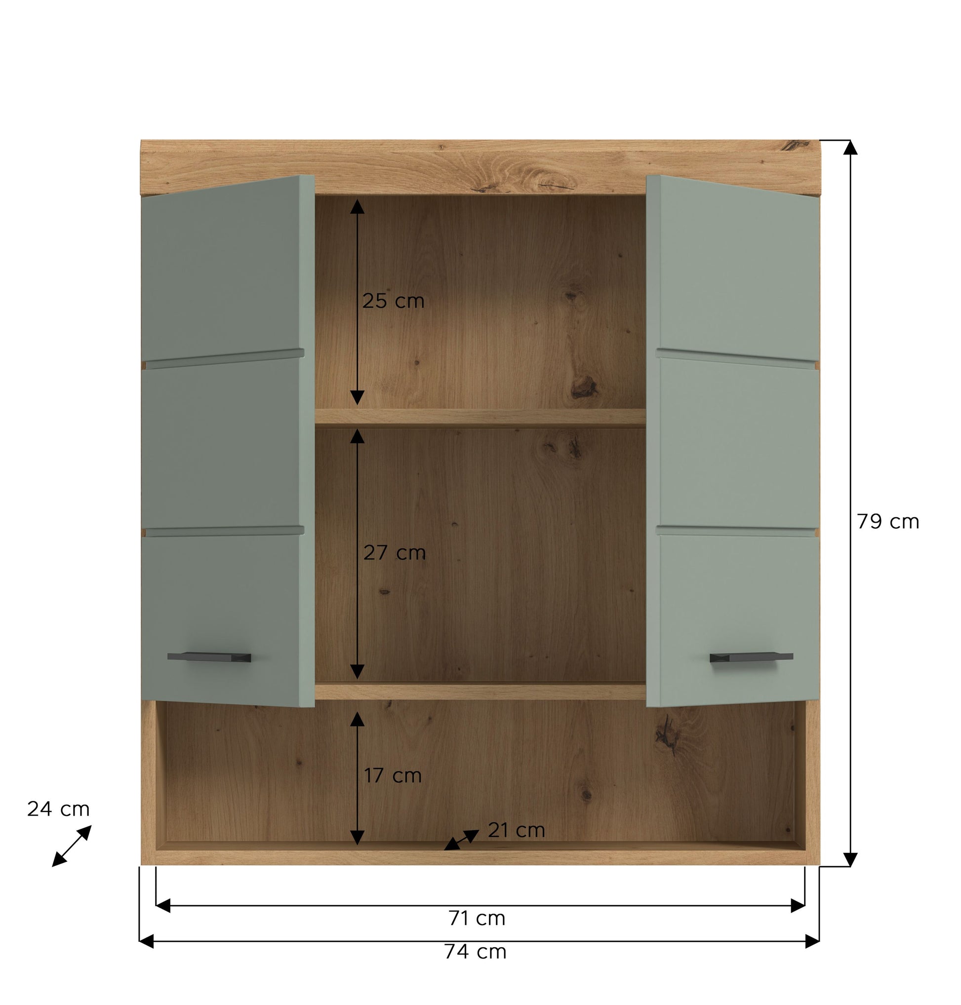 Badezimmerschrank mit offenen Fächern, Artisan-Eiche-Rahmen und salbeigrüne Fronten