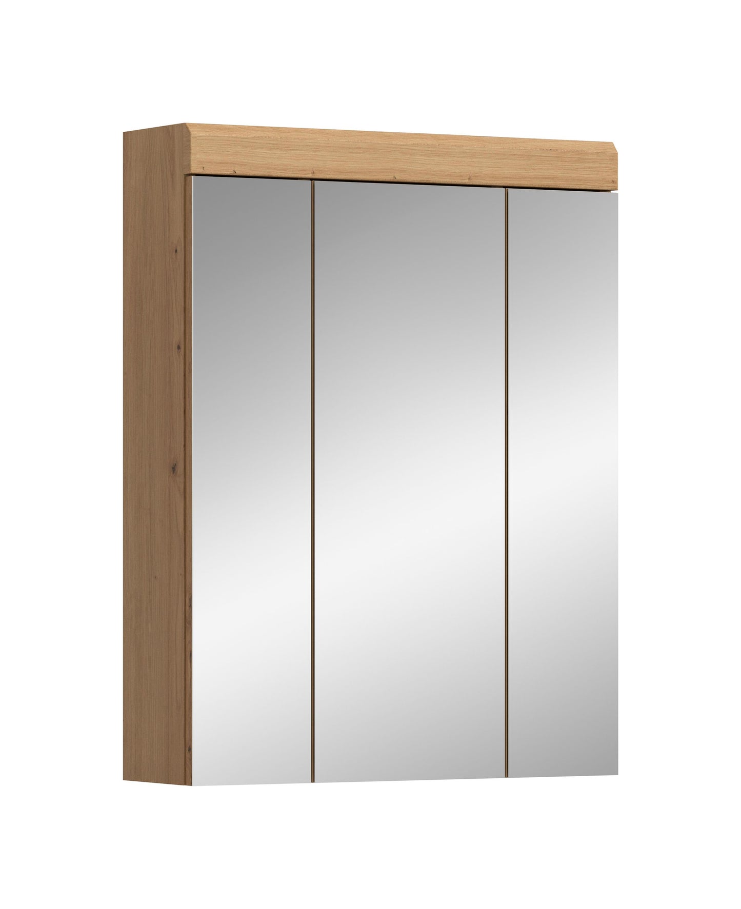 Badspiegelschrank mit 3 Spiegeltüren, Holzrahmen in Eiche-Optik, matte Spiegel