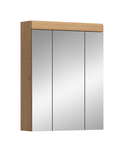 Badspiegelschrank mit 3 Spiegeltüren, Holzrahmen in Eiche-Optik, matte Spiegel