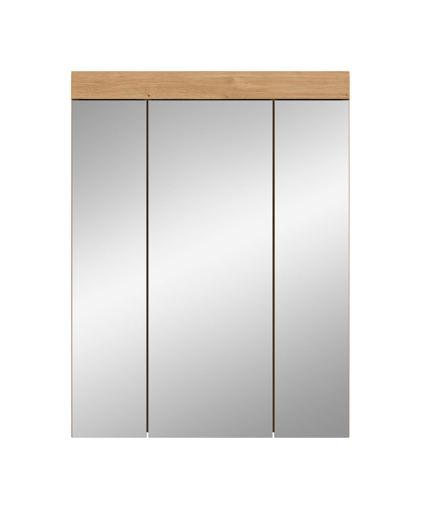 Badspiegelschrank mit 3 Spiegeltüren, Eiche-Optik Rahmen, spiegelnde Türflächen