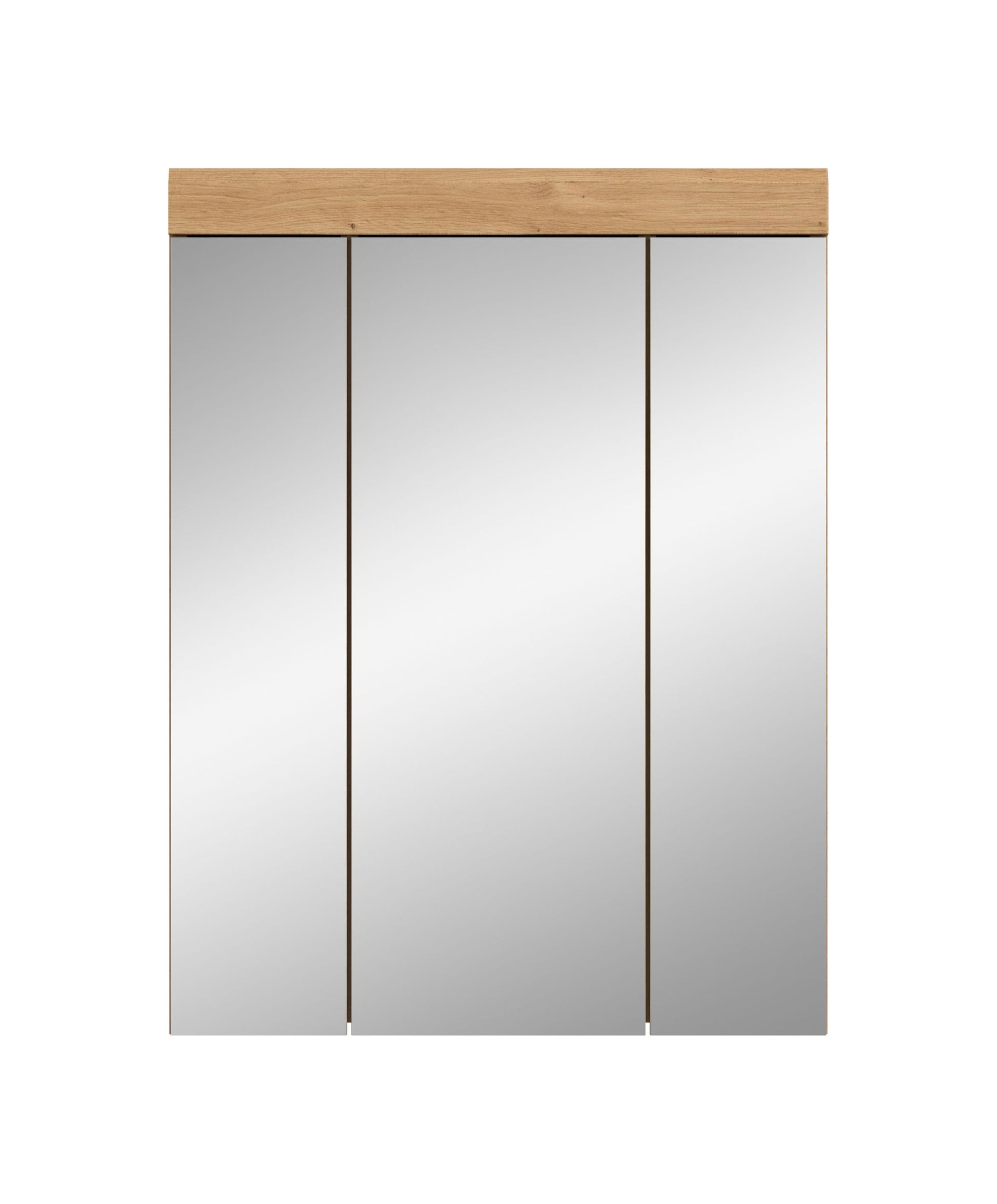 Badspiegelschrank mit 3 Spiegeltüren, Eiche-Optik Rahmen, spiegelnde Türflächen