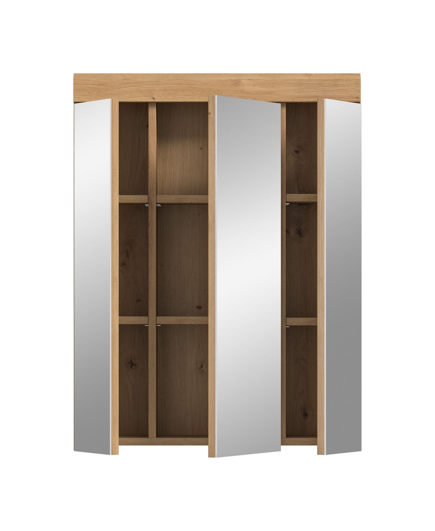 Badspiegelschrank mit 3 Spiegeltüren, offene Türen, Innenfächer und Einlegeböden