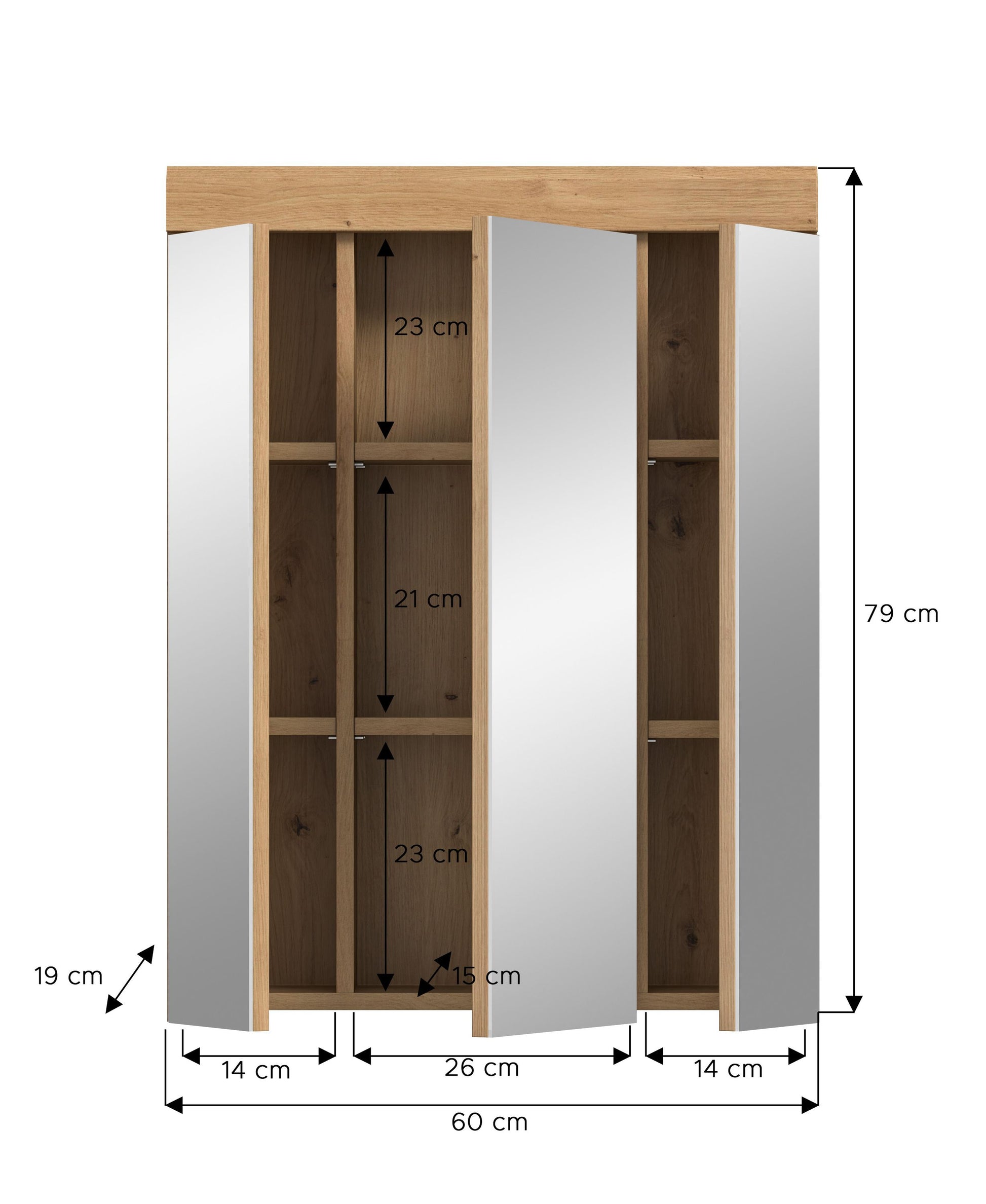 Badspiegelschrank mit 3 Spiegeltüren, 60 cm, Eiche-Optik, Innenfächer, Maßskizze