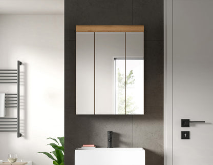 Badspiegelschrank mit 3 Spiegeltüren, Holzrahmen, gespiegelt wirkende Türflächen