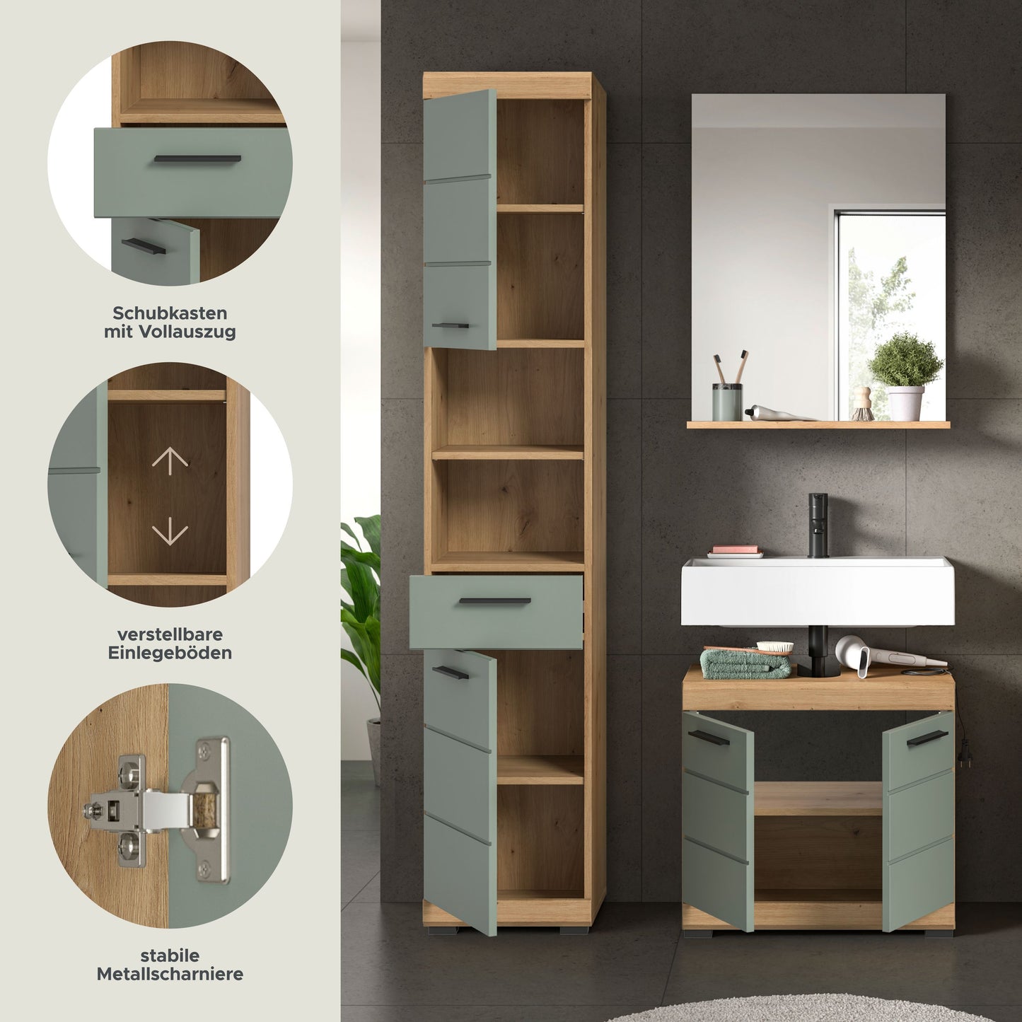 Homes & Jones Badmöbel 3tlg. Set, Badezimmerset mit Hochglanz Fronten