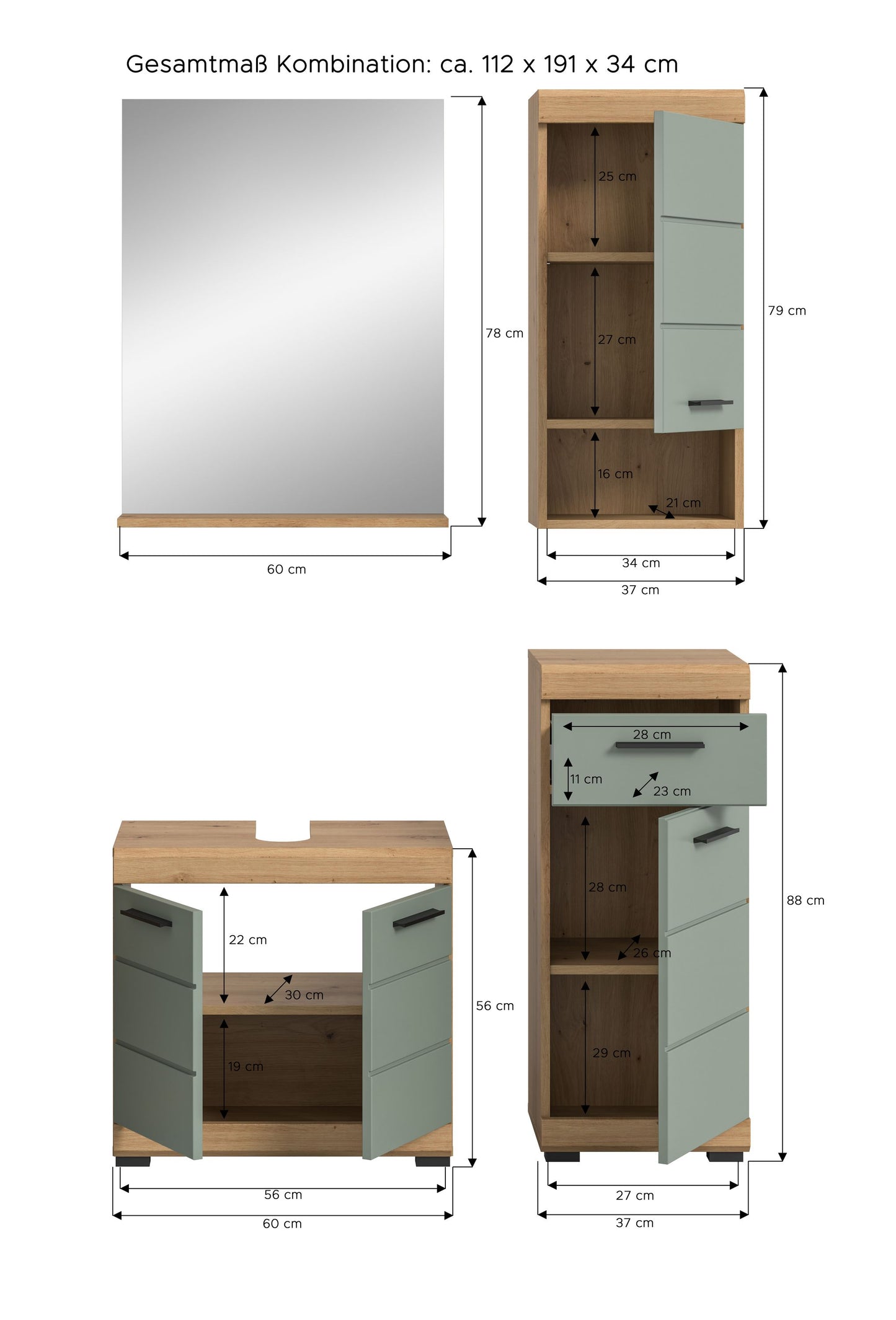 Homes & Jones Badmöbel 4tlg. Set, Badezimmerset mit Hochglanz Fronten