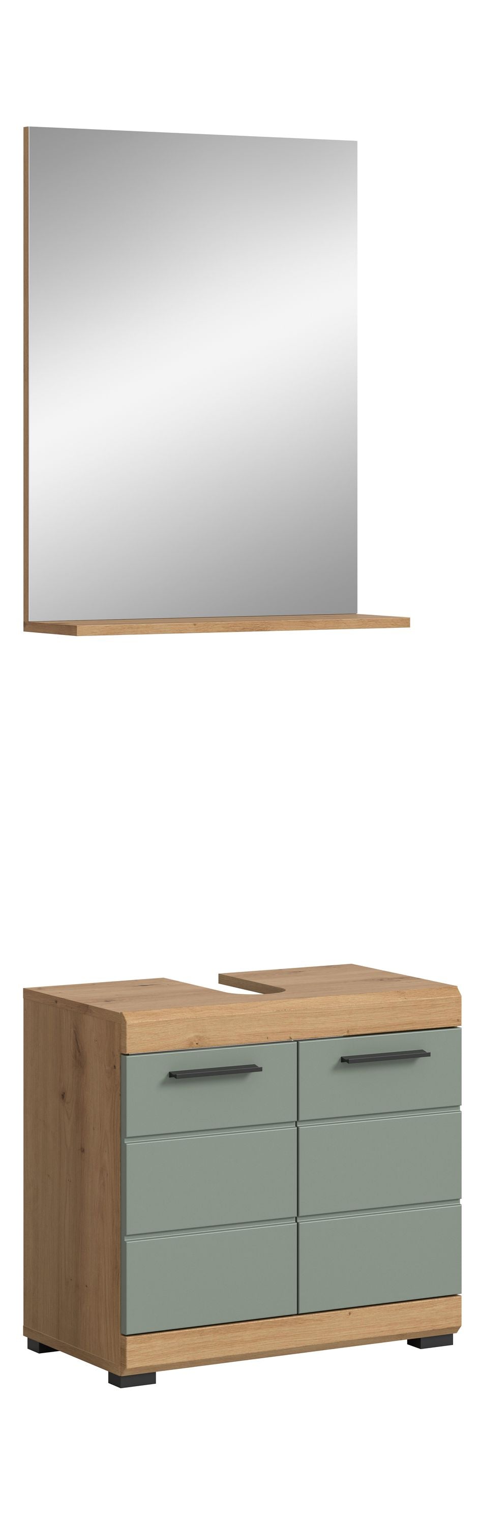 Badmöbel-Set mit spiegelndem Frontpanel, Holzsockel, schmale Seitenrahmen