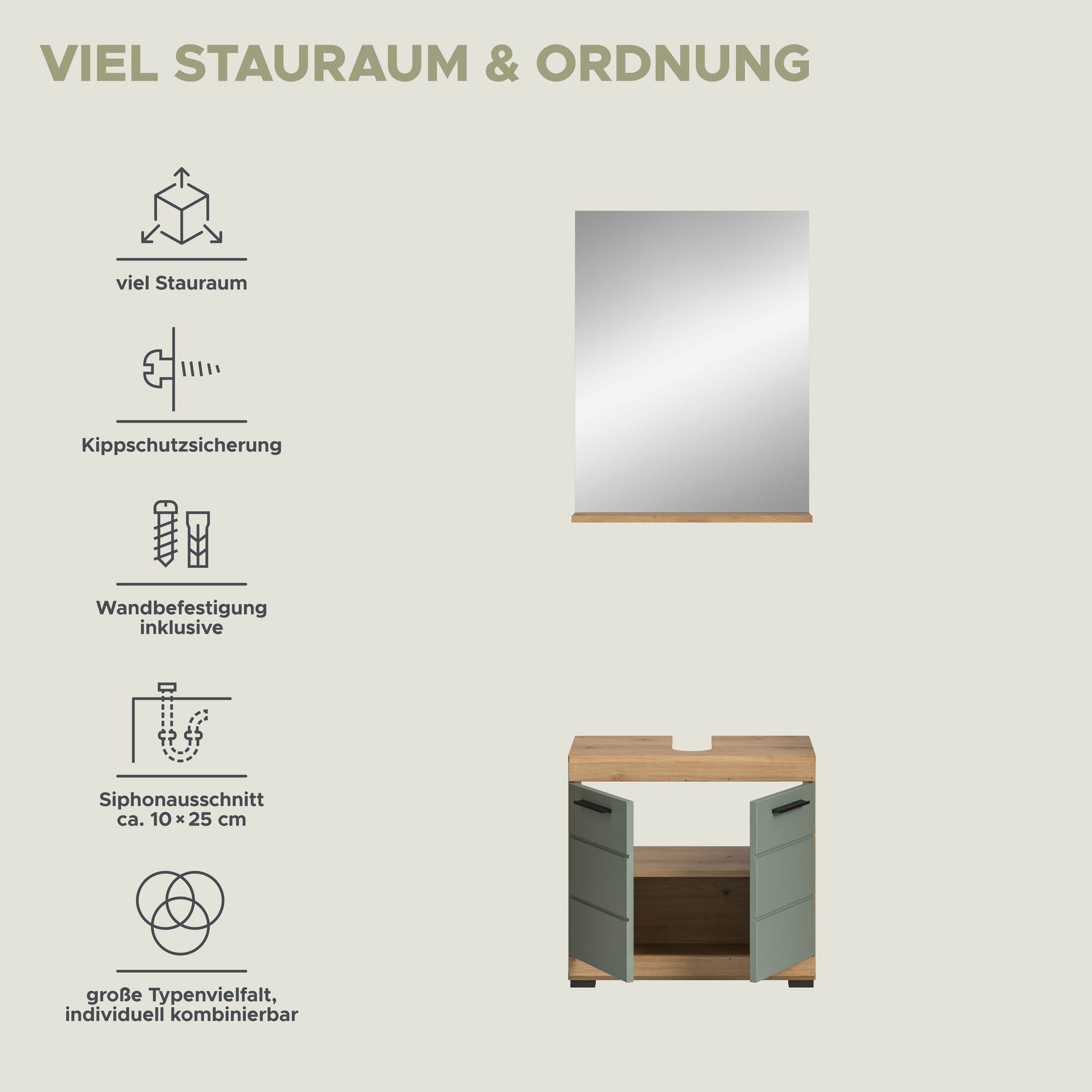 Badmöbel-Set mit Spiegel und Waschtischunterschrank, Fronten in grünlich, Holzsockel