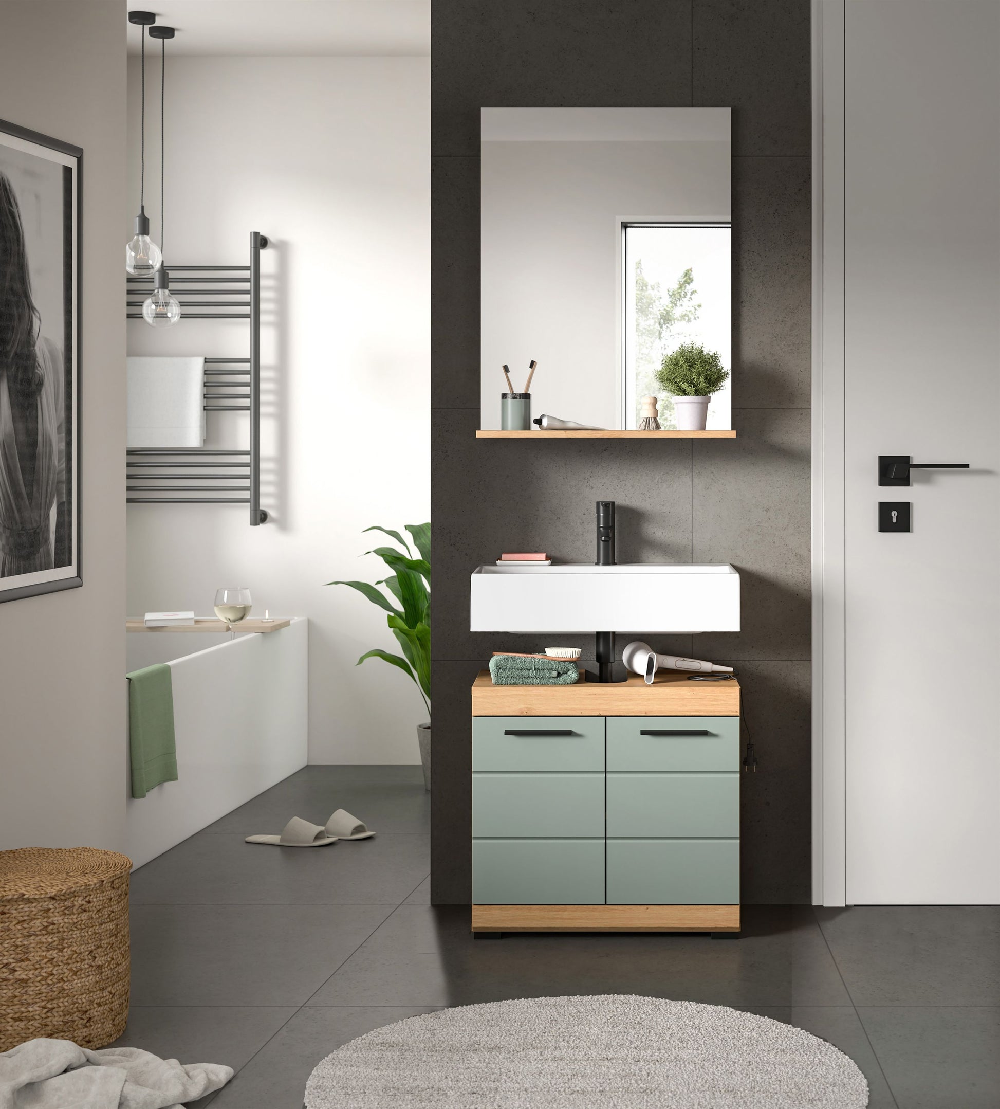 Badezimmerset mit Waschtischunterschrank und Spiegel, pastellgrüne Fronten, Holzrahmen