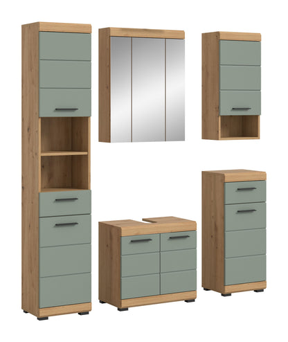 Badezimmerschrank-Set mit Spiegelschrank, Waschtischunterschrank und Hochschrank, Holzoptik/Mint