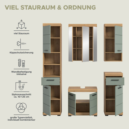 Badezimmerset mit Hochschrank, Spiegelaufsatz, Unterschrank und Schublade in Holz-Mint-Optik