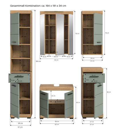 Maßzeichnung Badezimmerset mit Hochschrank, Spiegelschrank und Unterschrank, ca. 164 x 191 x 94 cm