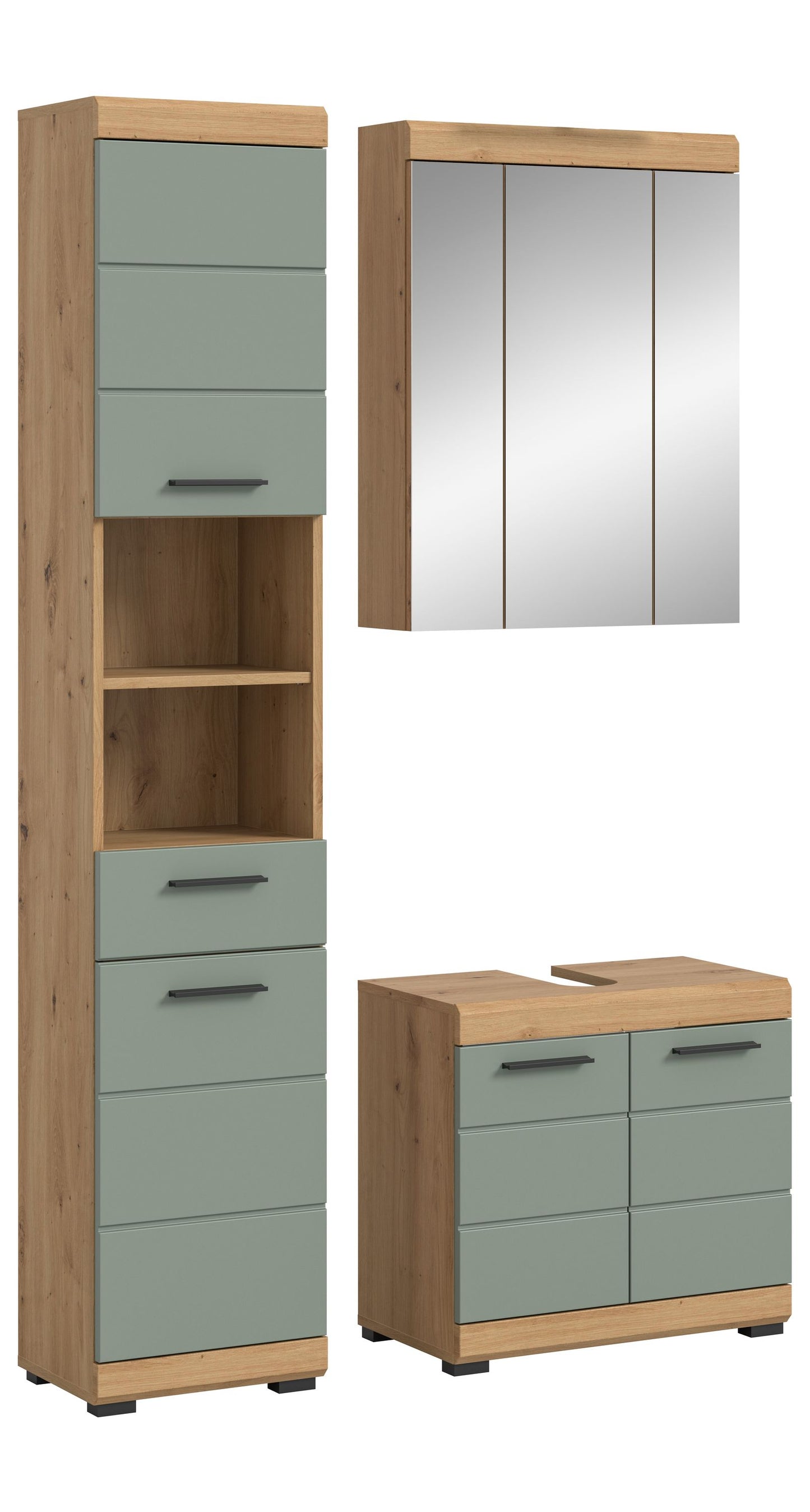 Badezimmerset Sonoma-Eiche/Hellgrün: Hochschrank und Waschkommode mit Spiegelschrank