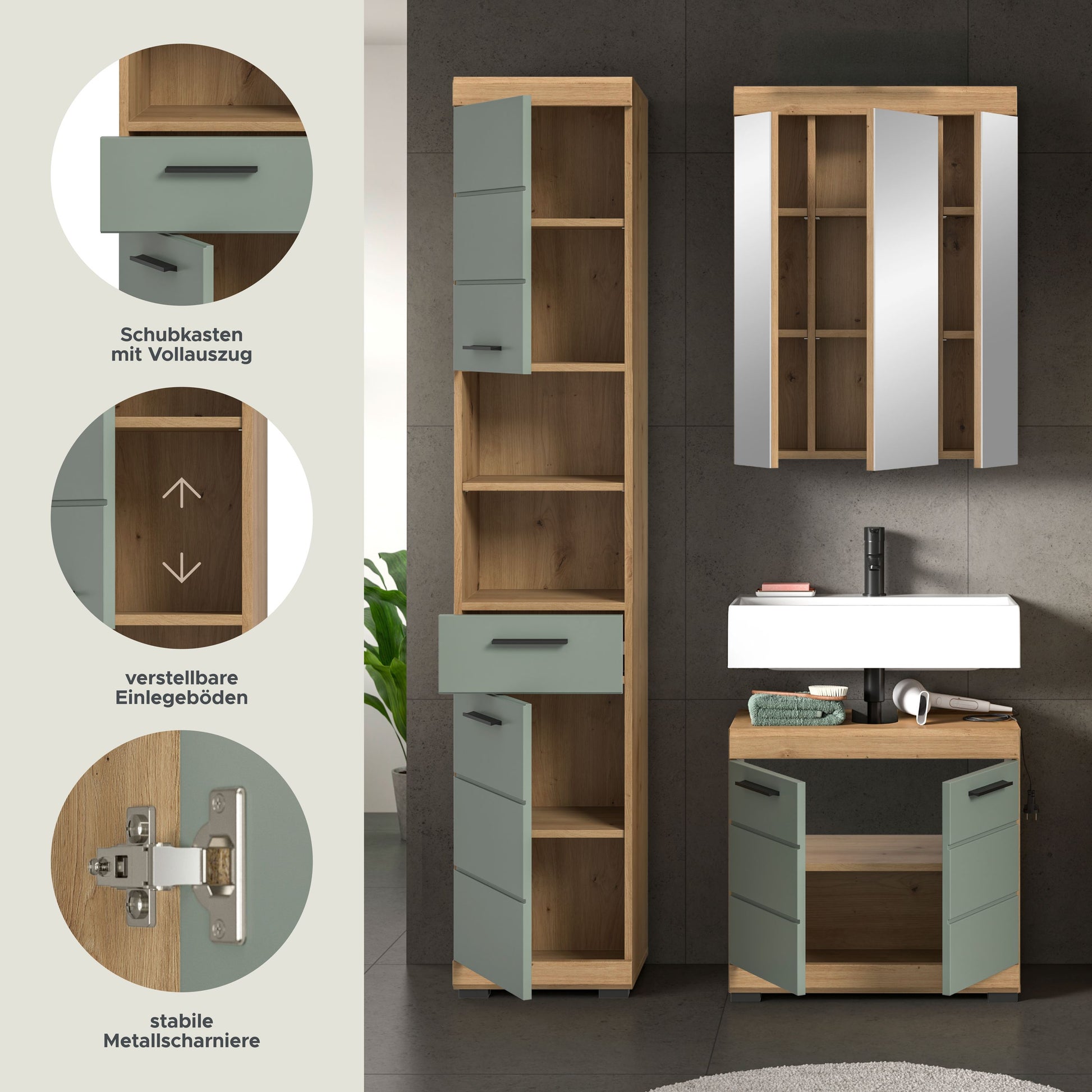 Badezimmerset mit Hochschrank: Schubkasten, verstellbare Einlegeböden, Holzdekor
