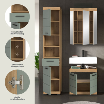 Badezimmerset mit Hochschrank: Schubkasten, verstellbare Einlegeböden, Holzdekor