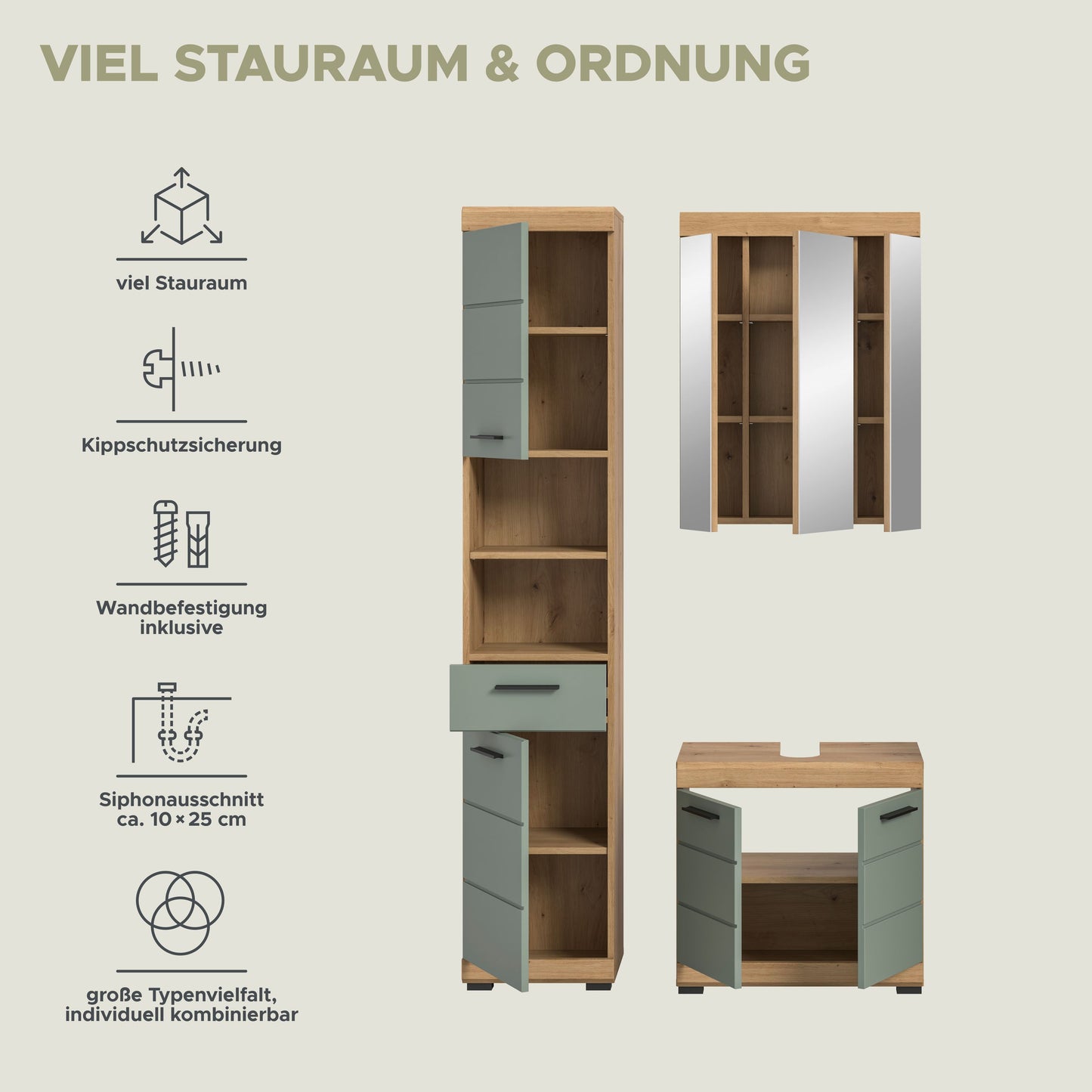 Badezimmerset mit Hochschrank und Unterschrank, Holzdekor und hellgrauen Fronten