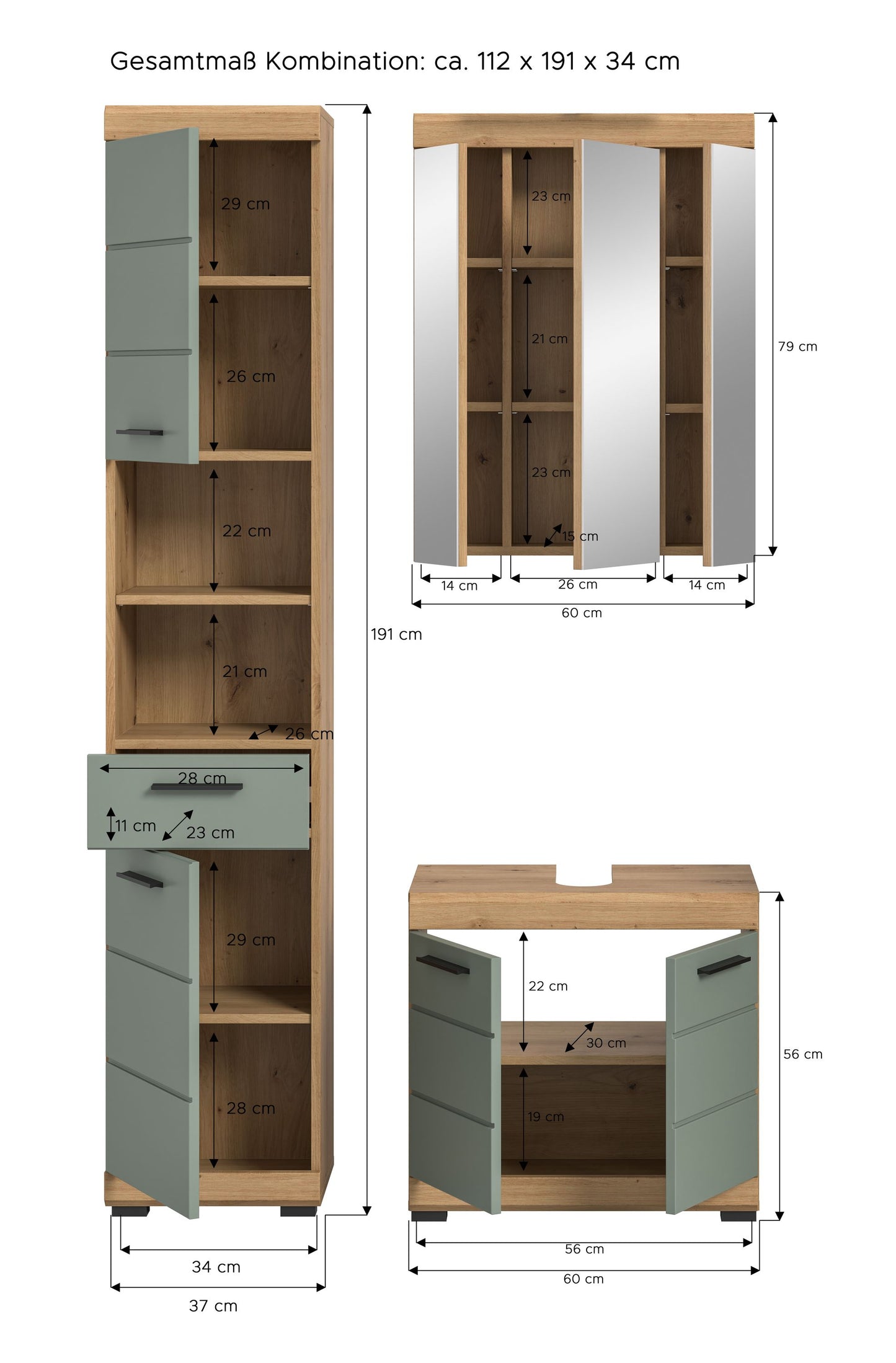 Badezimmerset mit Maßangaben: Hochschrank und Waschkommode in Hellgrün und Holz