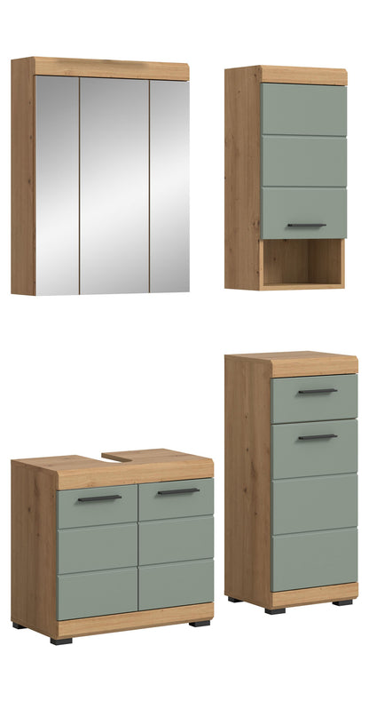 Badezimmerset mit Spiegel- und Hängeschrank sowie Waschtischunterschrank in Holz und Salbeigrün