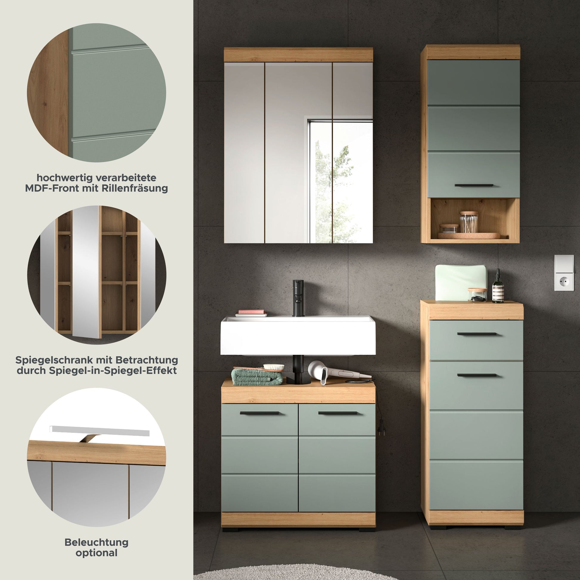 Badezimmerset mit Spiegel, Waschplatz und Hochschrank in Holzoptik und Salbeigrün