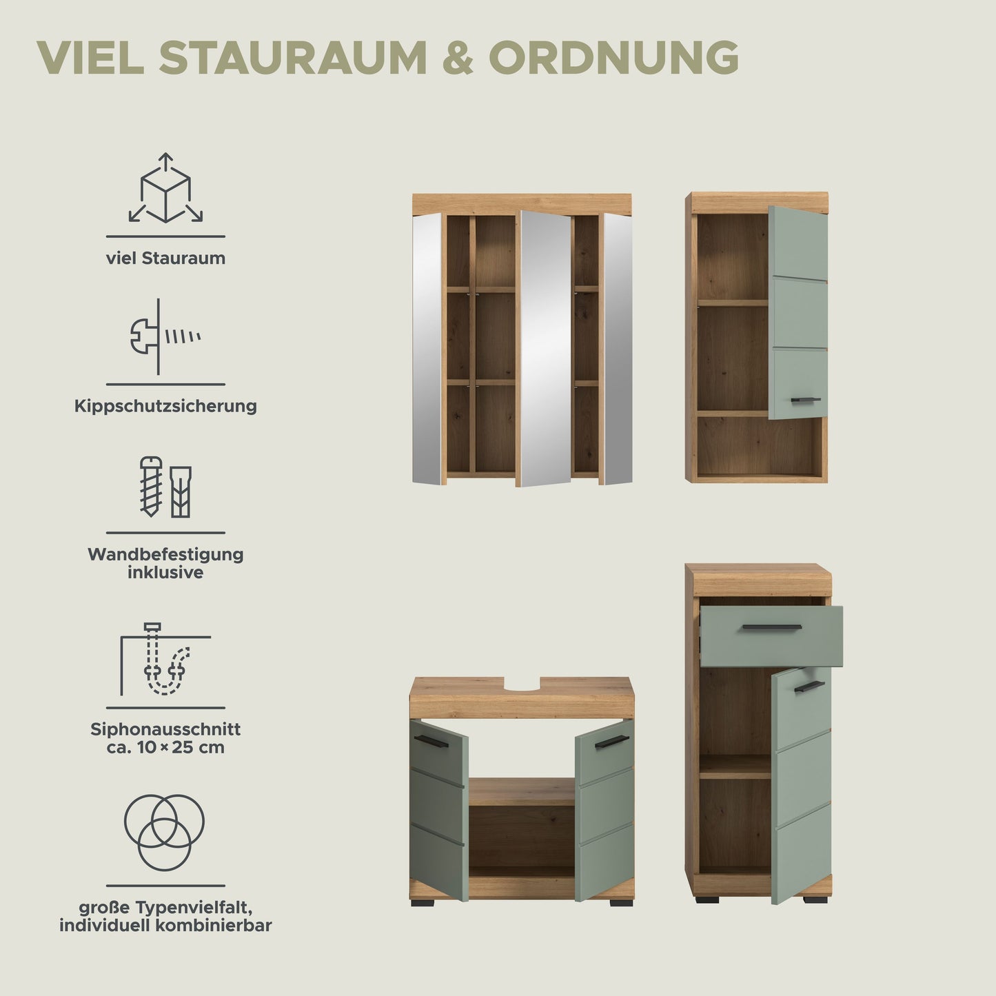 Badezimmerschrank-Set mit offenen Einlegeböden und Fronten in Salbeigrün