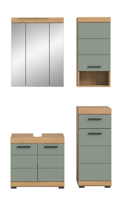 Badezimmerschrank-Set: Spiegelnischen- und Hochschrank mit Fronten in Salbeigrün und Holzoptik