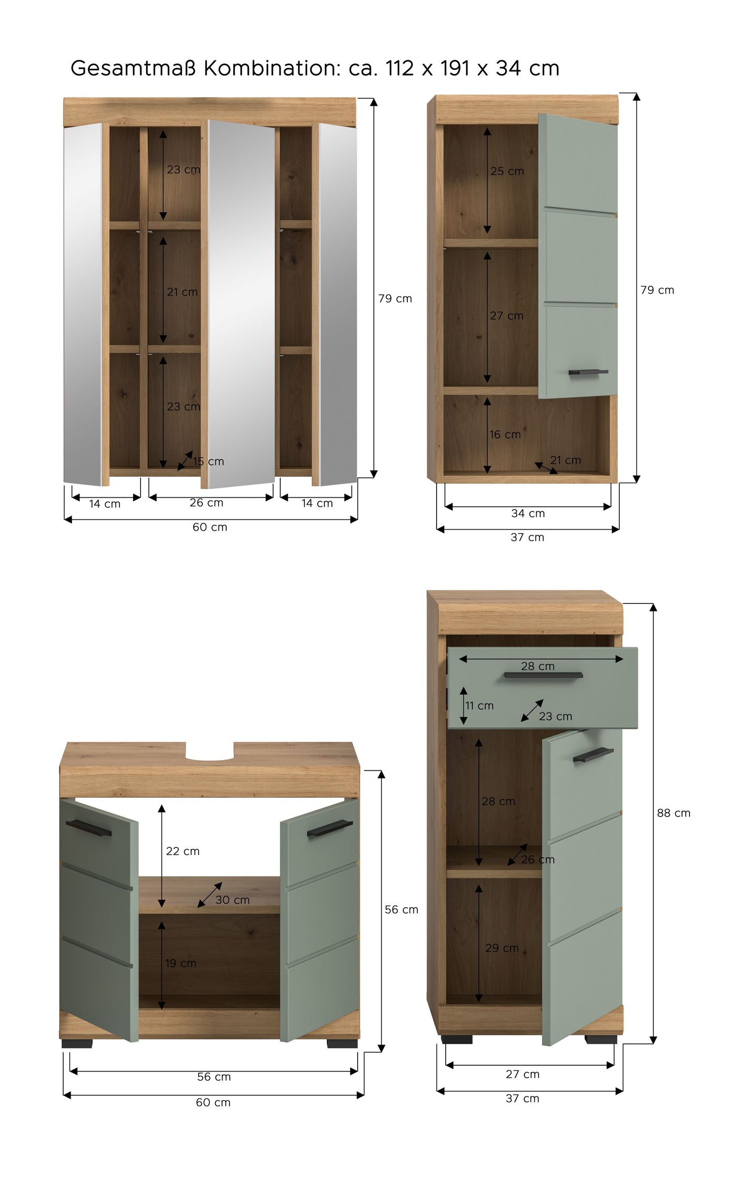 Badezimmerschrank-Set mit Maßen: Waschtischunterschrank und Hochschrank in Holzoptik/Salbeigrün
