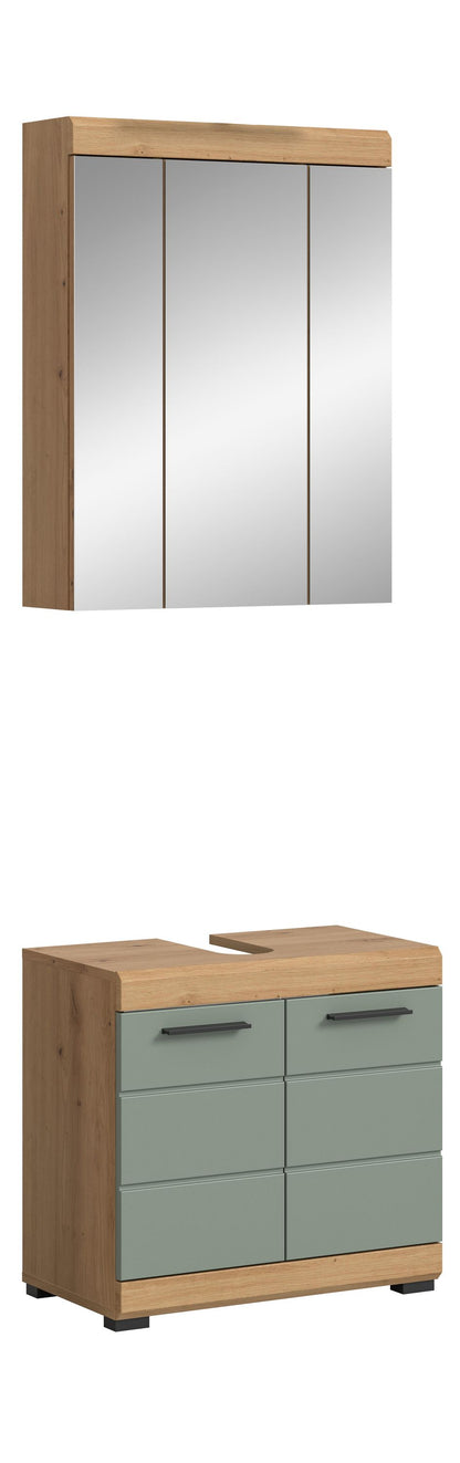 Badezimmerset in Eiche-Nachbildung mit Spiegelschrank und grünen Fronten