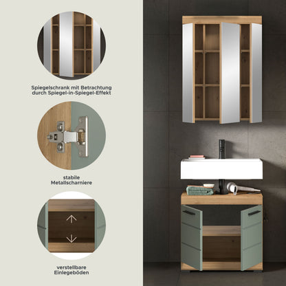 Badezimmerset mit offenem Spiegelschrank, Seitenfächer und Metallscharnieren, graugrün