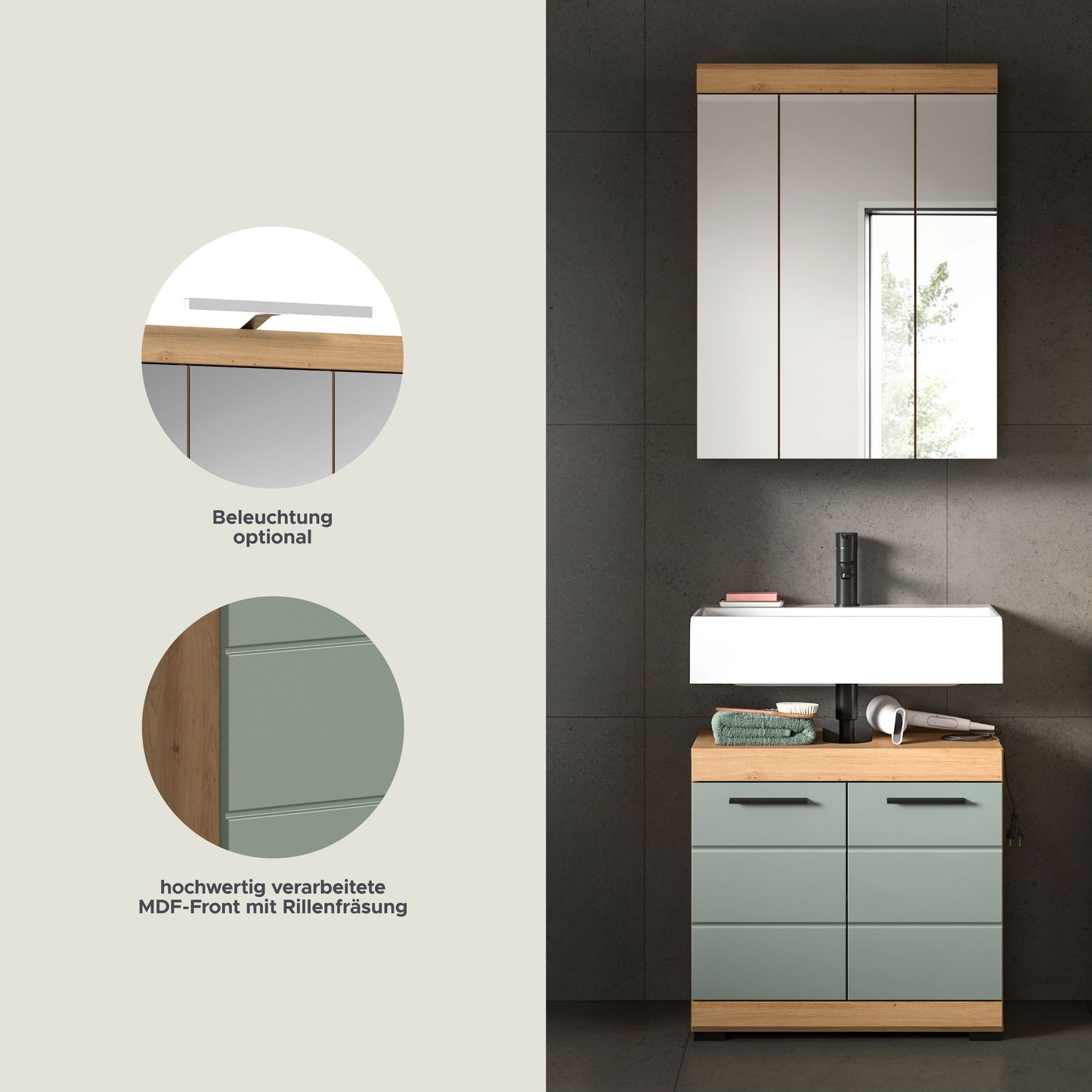 Badezimmerset mit Spiegelschrank und Waschtischunterschrank, Fronten graugrün