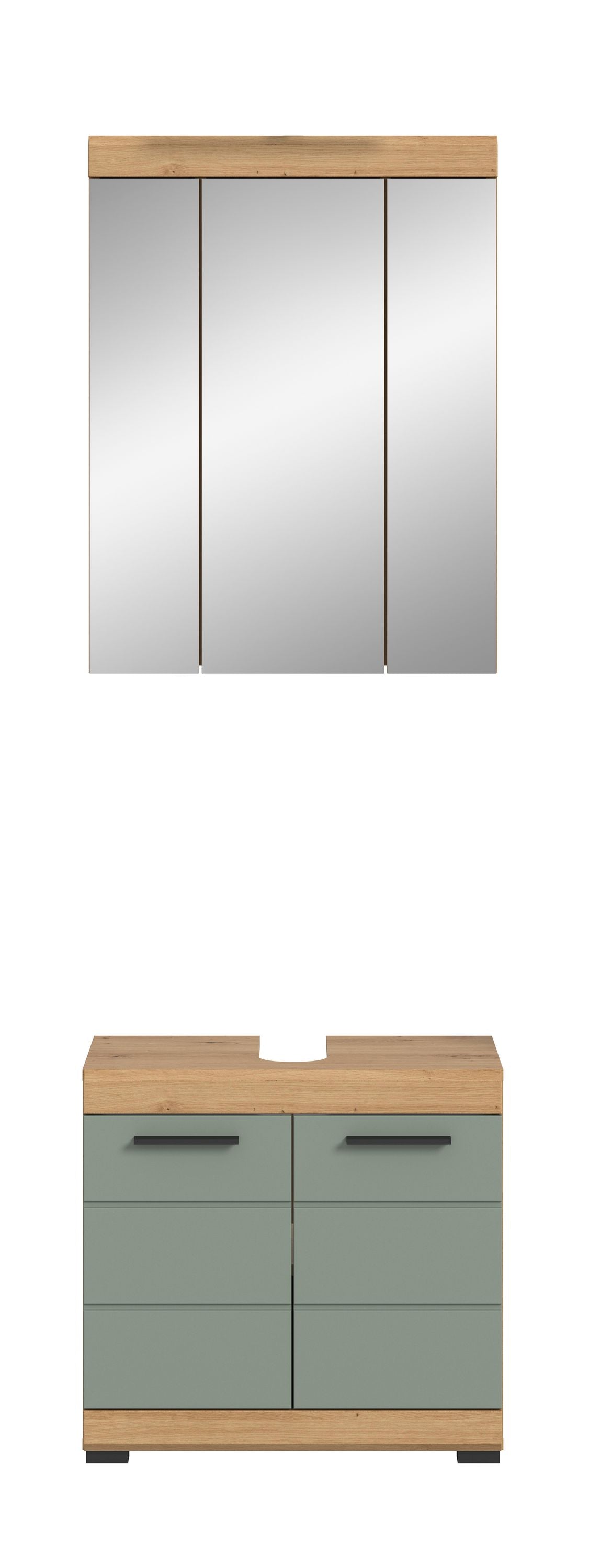 Spiegelschrank mit Eiche-Rahmen und Waschtischunterschrank, Fronten in Grün