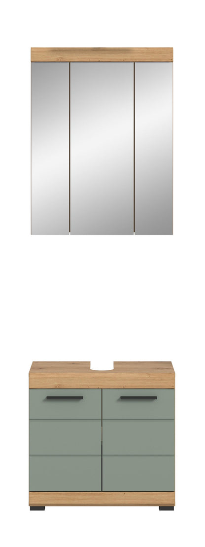 Spiegelschrank mit Eiche-Rahmen und Waschtischunterschrank, Fronten in Grün