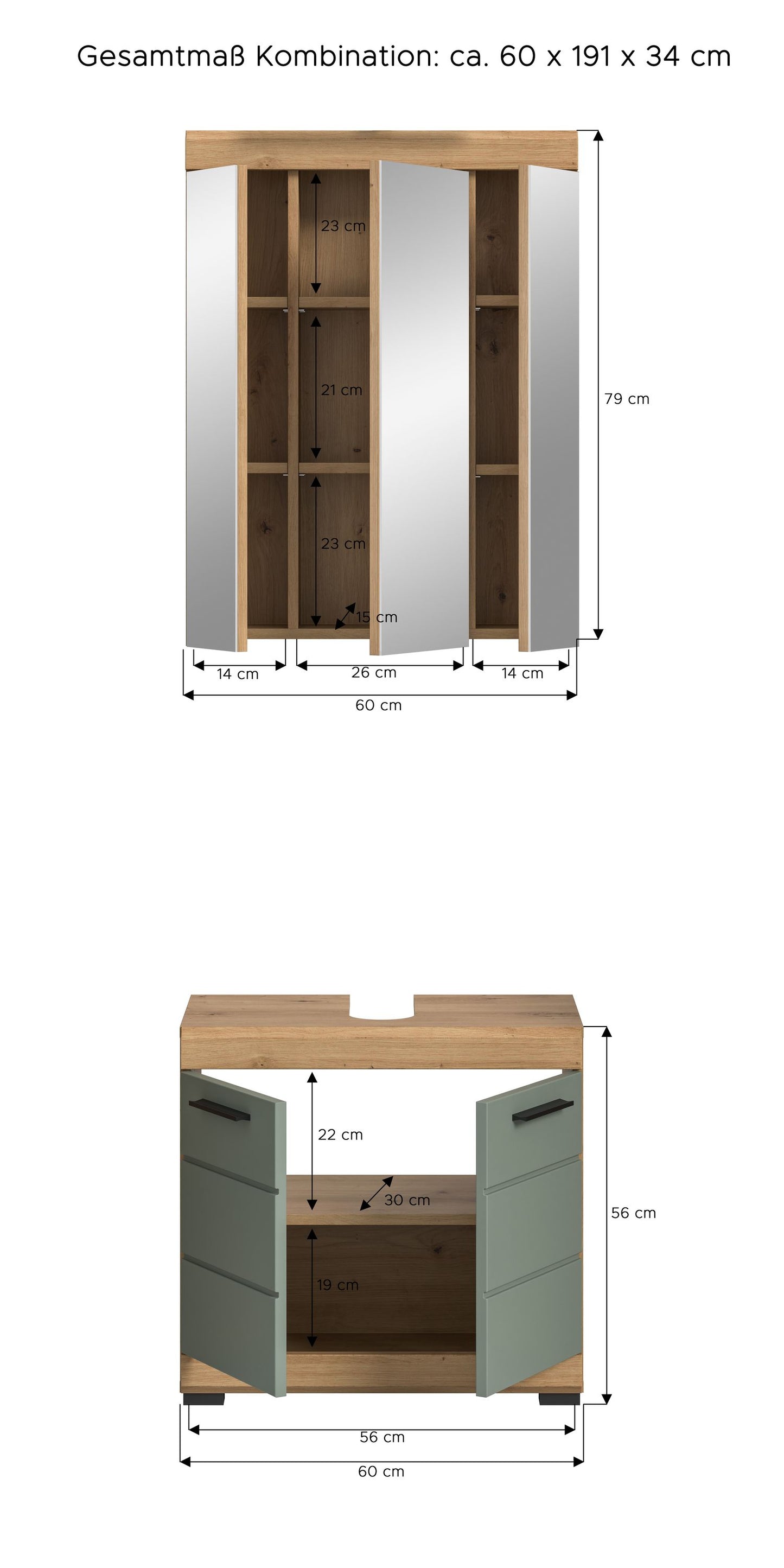 Maßskizze Badezimmerset: Spiegelschrank, Türen, Schubladen und Innenregal