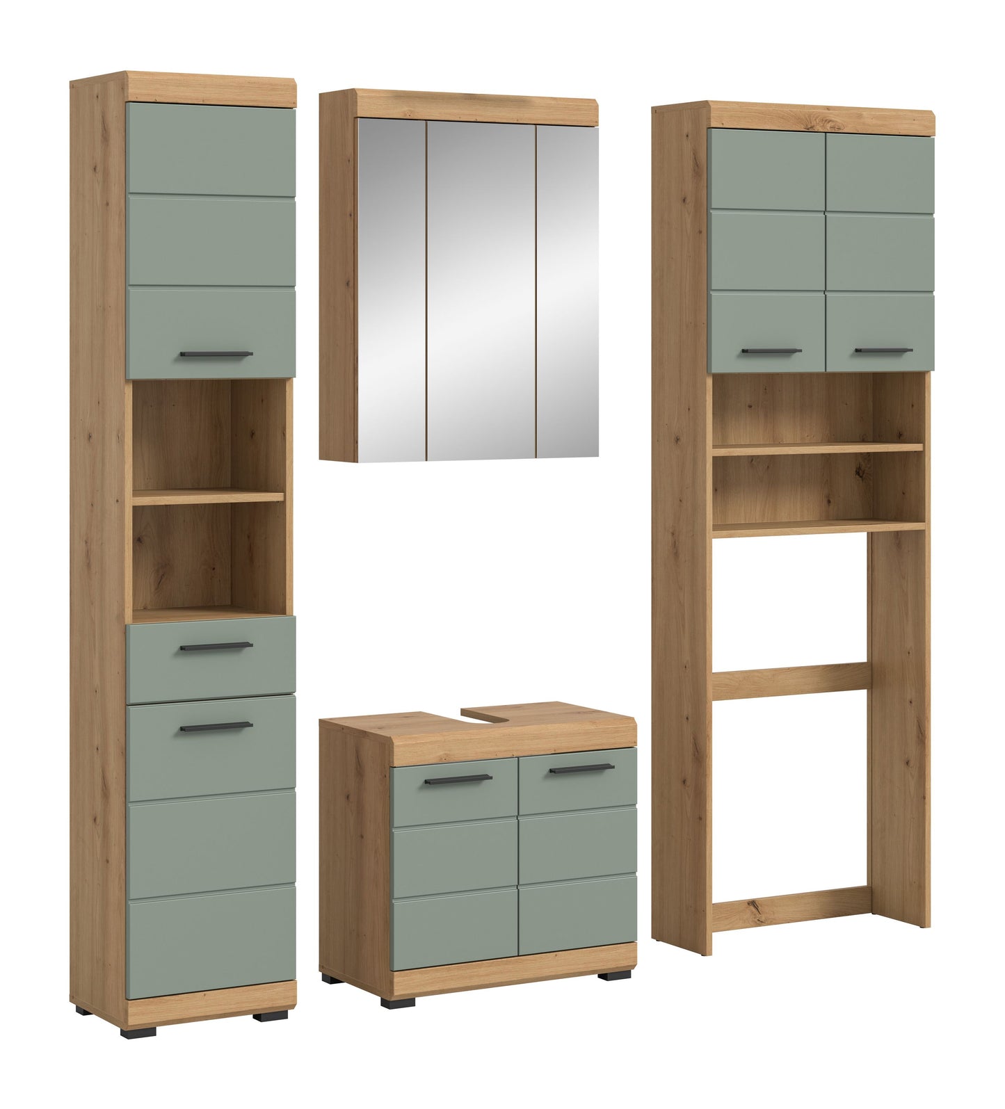 Badezimmerset (4-teilig) im Set-Layout: Hochschrank, Spiegelschrank und Waschplatz