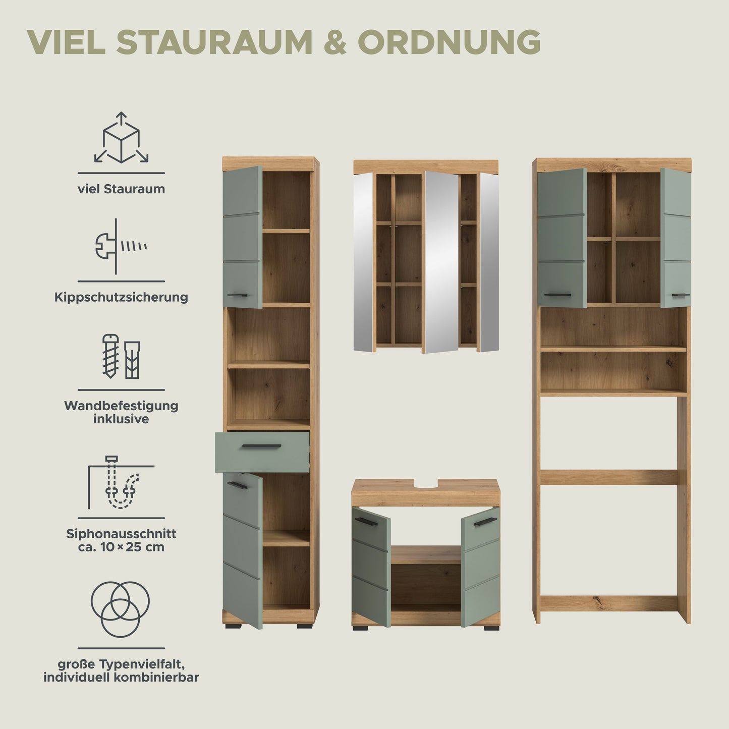 Badezimmermöbel-Set mit offenen Fächern, hellgrünen Schranktüren und Holzregalen
