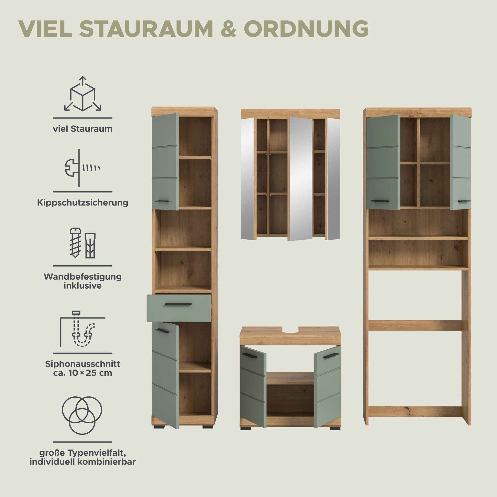 Badezimmermöbel-Set mit offenen Fächern, hellgrünen Schranktüren und Holzregalen
