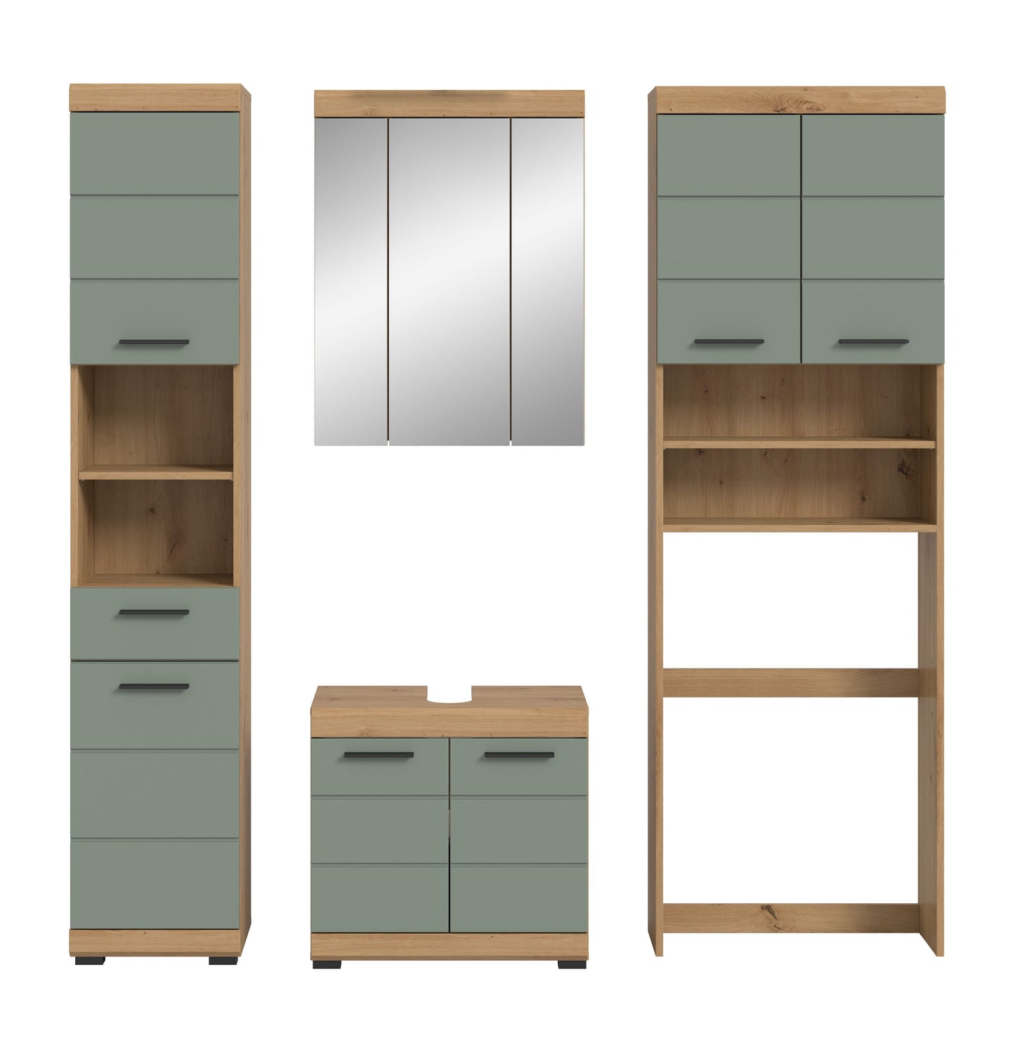 Badezimmerset (4-teilig) aufgeteilt: Hochschrank, Spiegelschrank und Waschplatz in Eiche/Grün