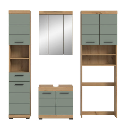 Badezimmerset (4-teilig) aufgeteilt: Hochschrank, Spiegelschrank und Waschplatz in Eiche/Grün