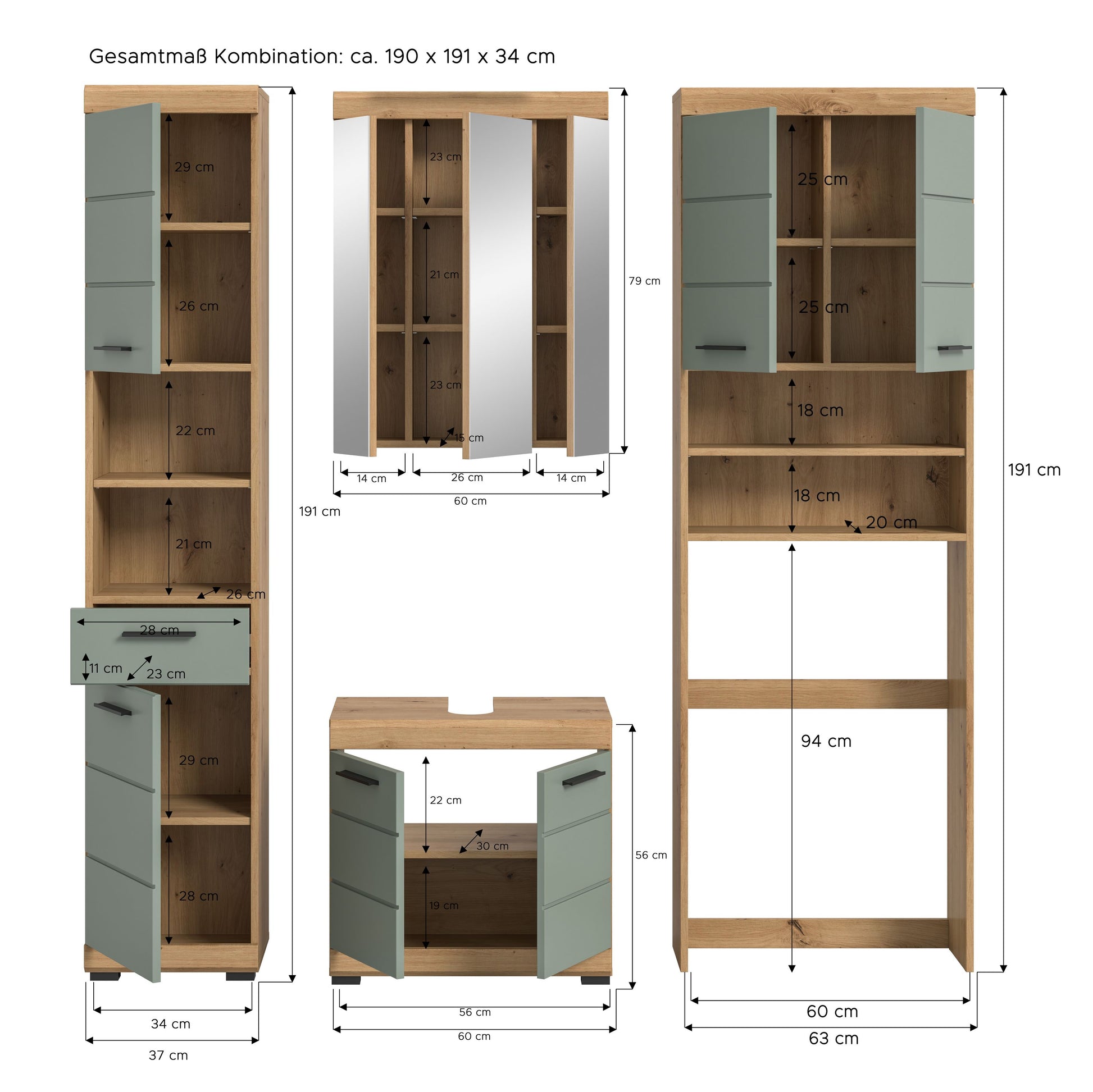 Maßzeichnung des Badezimmerset-Layouts (4-teilig) mit Höhen- und Breitenangaben