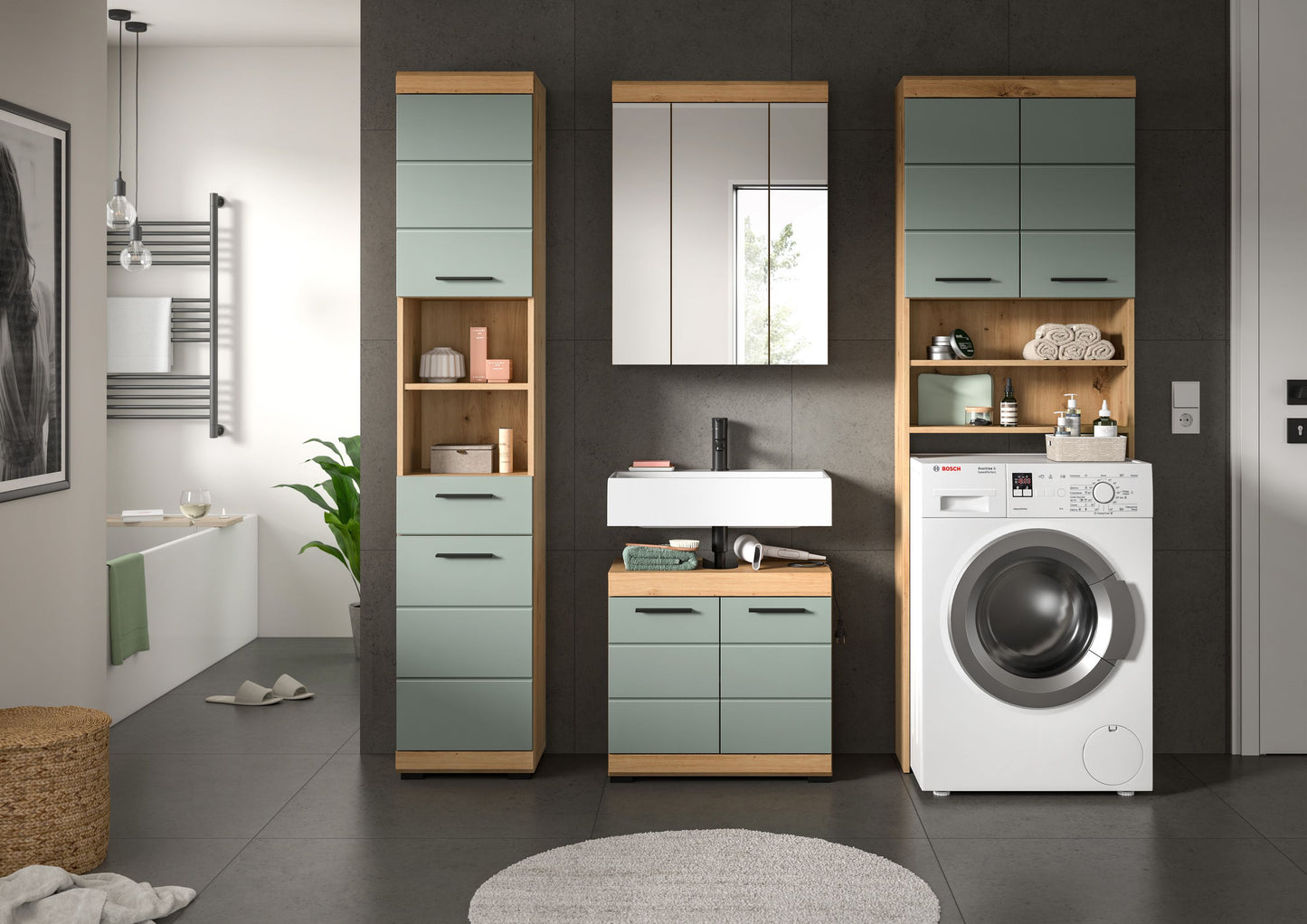 Badezimmerset (4-teilig) mit Hochschrank, Spiegelschrank, Waschplatz und Waschmaschine