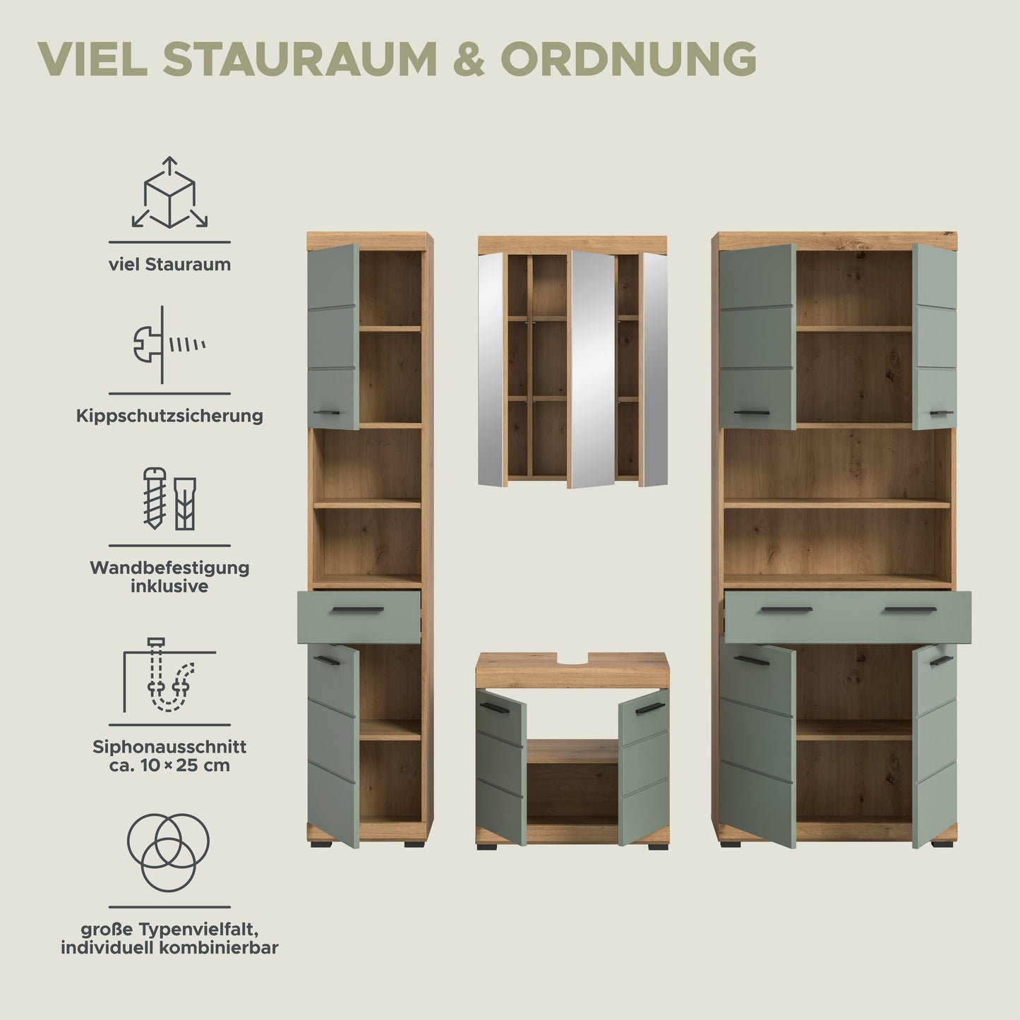 Badezimmerschrank-Set mit offenen Fächern und Türen in Salbeigrün und Holzoptik