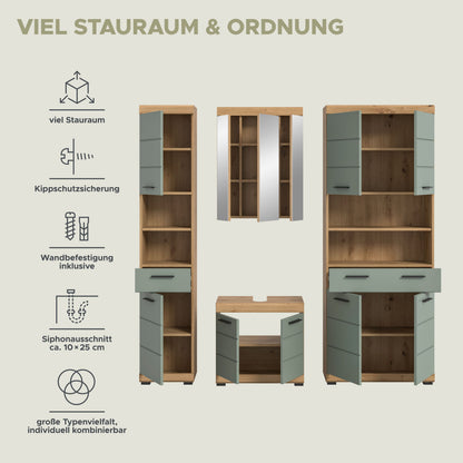 Badezimmerschrank-Set mit offenen Fächern und Türen in Salbeigrün und Holzoptik