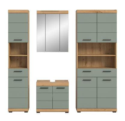 Badezimmerset im Vorderansicht-Look: Hochschrank, Spiegelschrank und Unterschrank