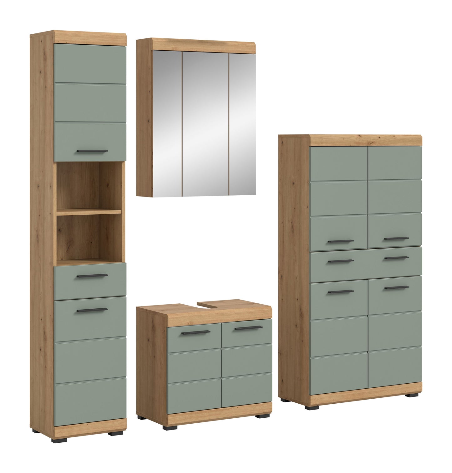 Badezimmerset mit grau-grünen Fronten und Holzoptik: Schrank, Spiegelschrank und Kommode