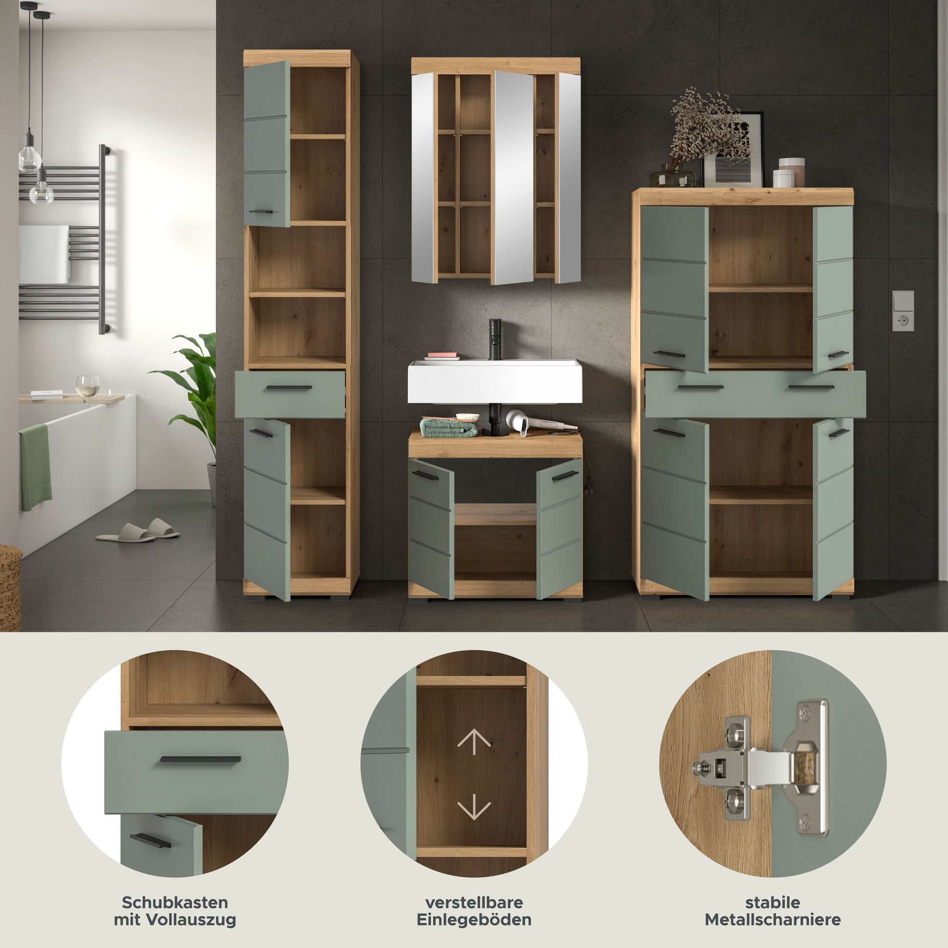 4-teiliges Badezimmerset mit Hochschrank, Spiegel- und Waschtischunterschrank in Rauchsilber/Eiche-Optik