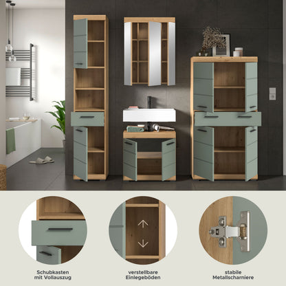 4-teiliges Badezimmerset mit Hochschrank, Spiegel- und Waschtischunterschrank in Rauchsilber/Eiche-Optik