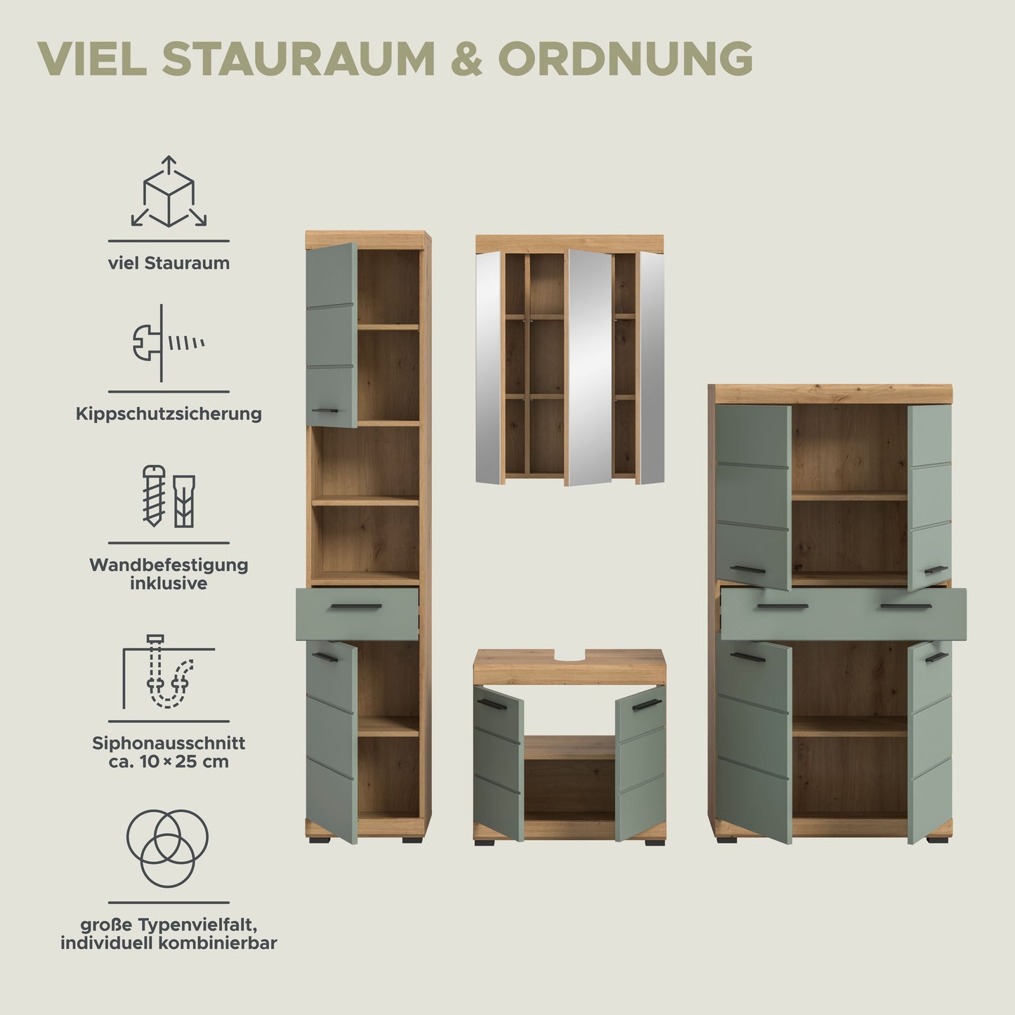 4-teiliges Badezimmerset mit Hochschrank, Spiegel- und Unterschrank in Rauchsilber/Eiche-Optik